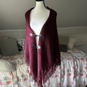 Burgundy Knit Poncho with Toggle Closure